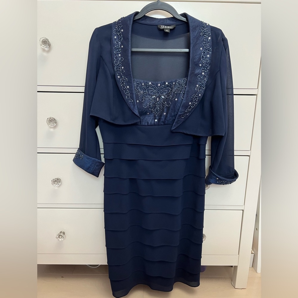 Navy Midnight Blue Formal Bejeweled Midi Dress